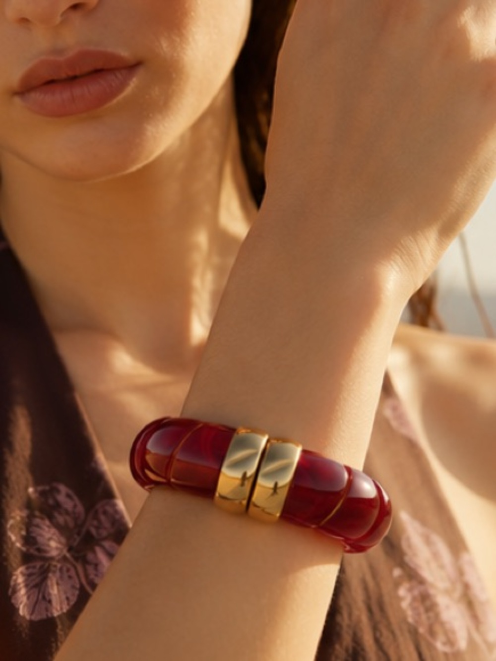 Art Deco Burgundy Gold Bangle Bracelet